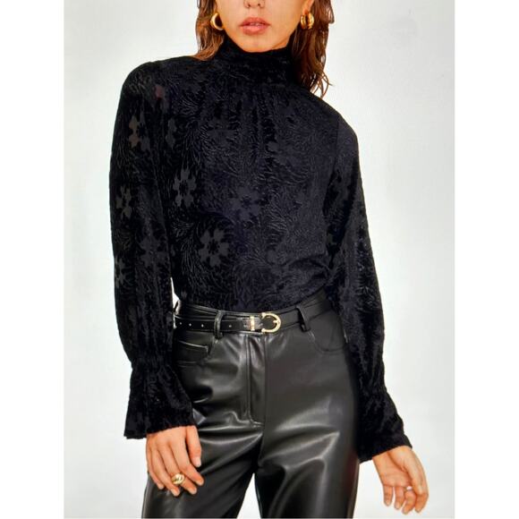 1. State High Neck Open Back Long Sleeve Blouse Rich Black M - Picture 3 of 16